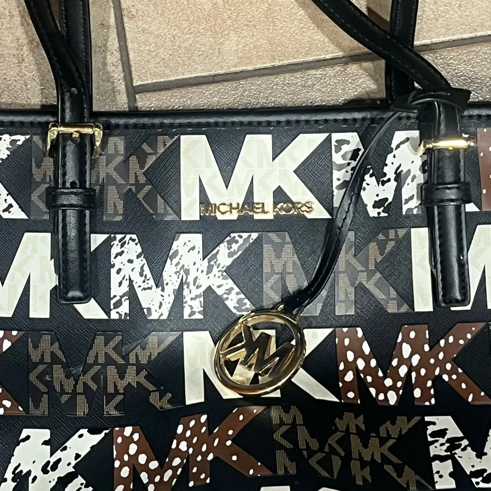 Michael Kors Black Brown Logo Print Tote with Gold Charm - Picture 3 of 6